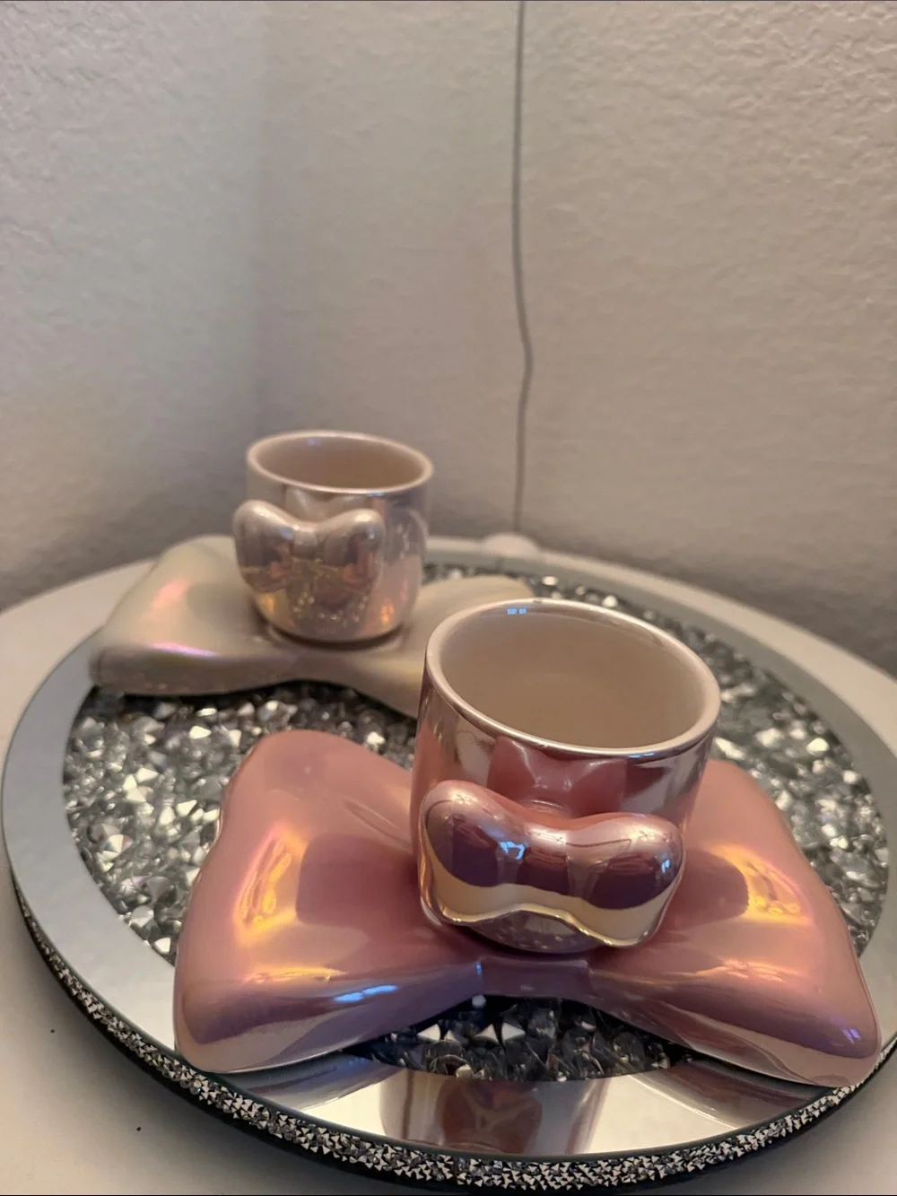 Iridescent Pink Ceramic Bow Teacups - Home Accents